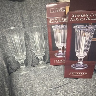 Imperial Crystal Makayla Hurricane Candle Holders 24% Lead Crystal USA Set of 2