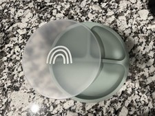 Green Silicone Baby Plate with Sections, Suction Base, Lid, Rainbow Design