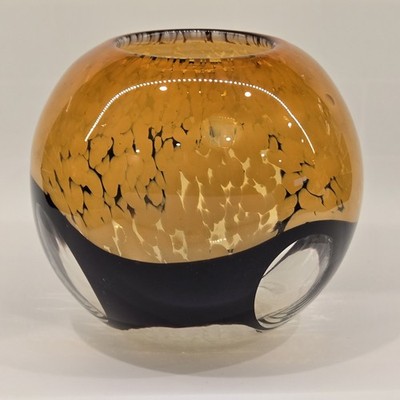Vintage Italian Murano Style Finestre Window Art Glass Vase Bowl Amber Black 7''