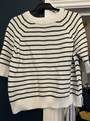 French Connection UK 12/14 Lily Mozart crew neck cotton jumper - khaki stripe L - Image 1 of 4
