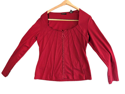 Women s NY&C Stretch Red Laced Up Front Star-Ray Pleats Sz M Fitted Long Sleeve