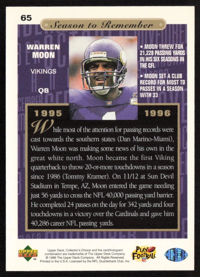 1996 Collector's Choice Season to Remember Warren Moon #65 Vikings - Image 2 of 2