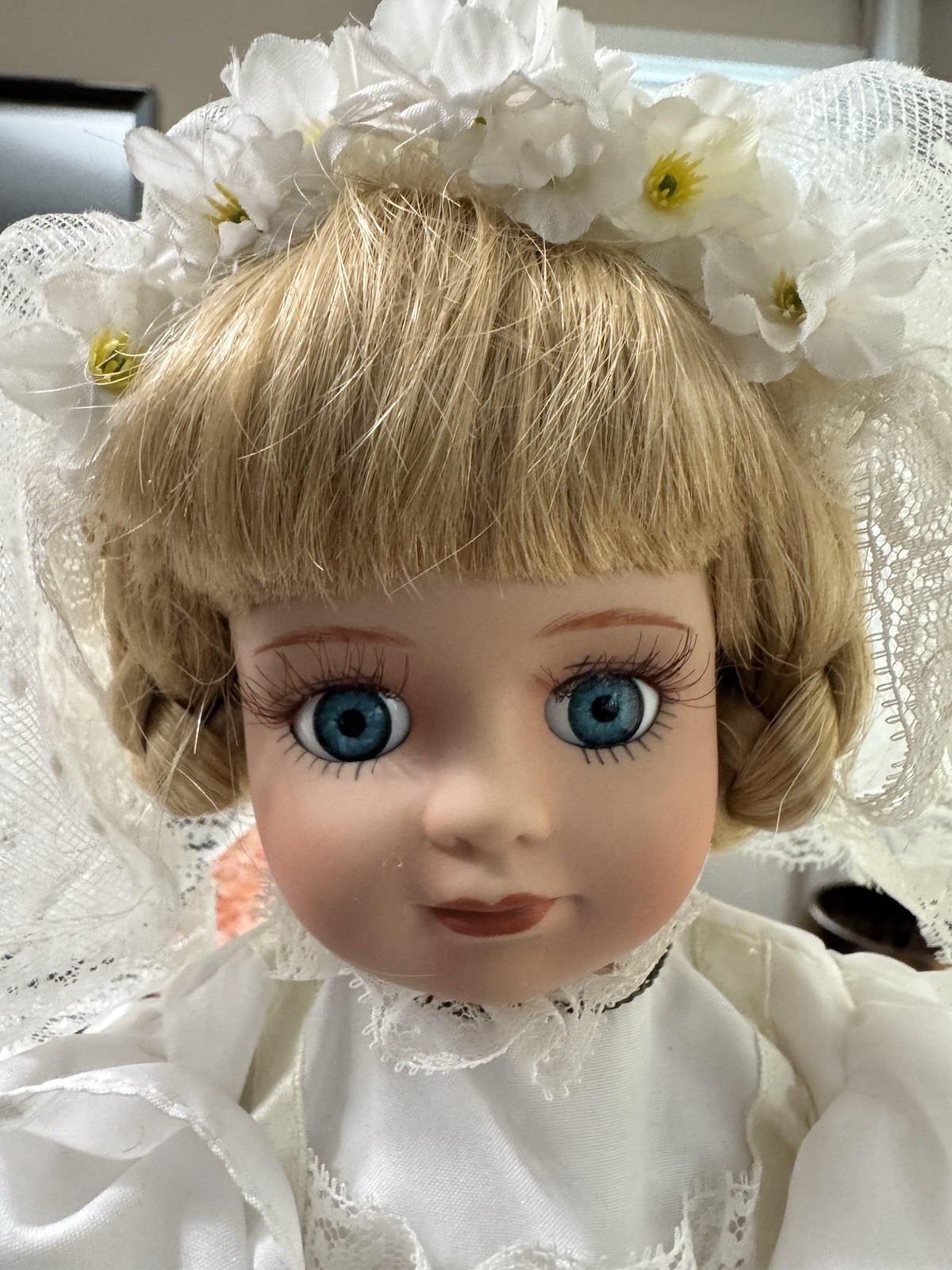 Collectible Porcelain Doll in Original Box Blonde in White Dress –Vintage Style