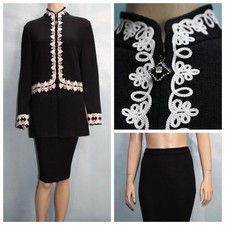 ST. JOHN Collection Black Jacket Skirt L Sz 12 14 2pc Suit White Embroidery Trim