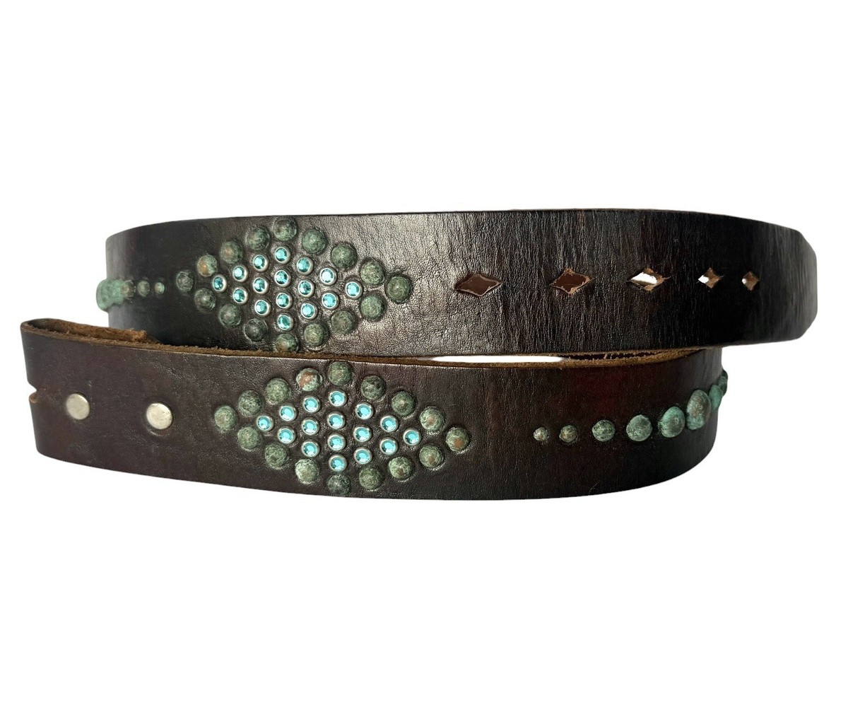 Vintage Brown Chocolate Leather Belt. Joed Patina Brass Studs