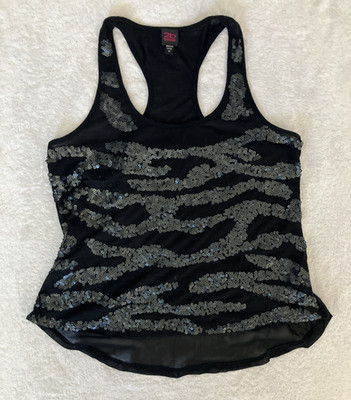 2b bebe Tank Top Sequences Sheer Black Silver Y2K Size Medium Whimsygoth Grunge