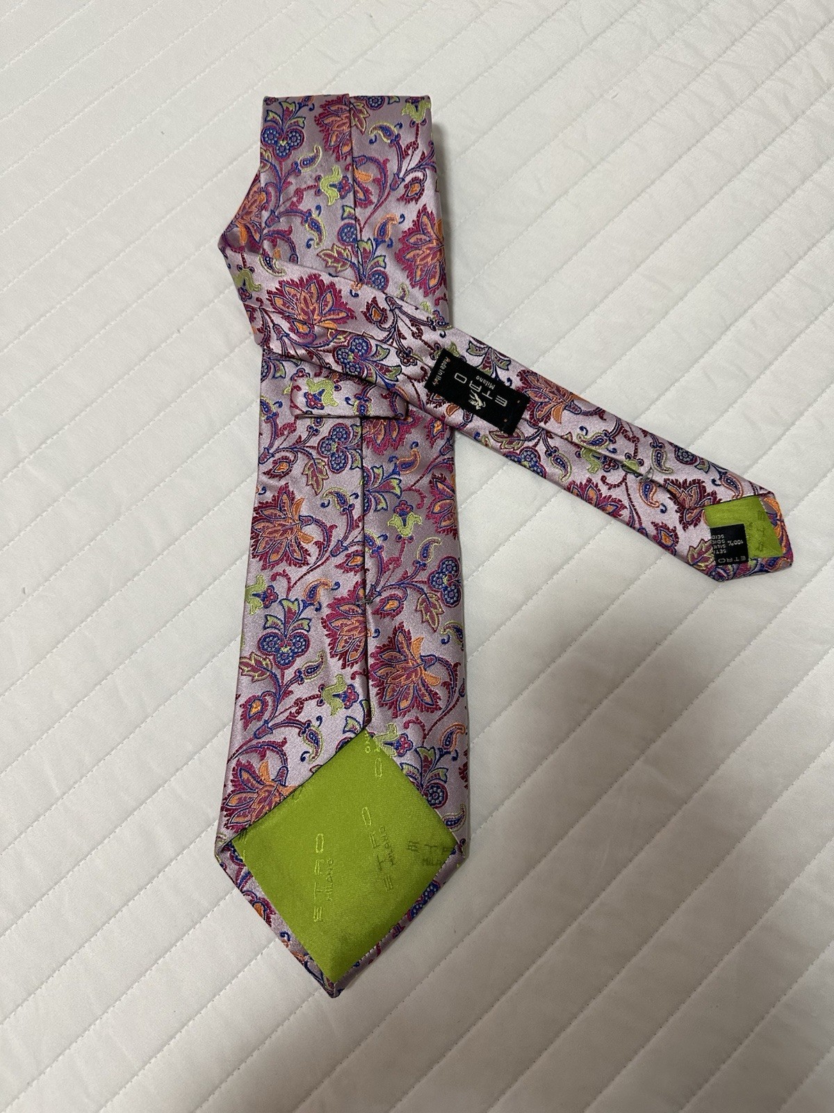 ETRO Pink Purple Orange & Lime Green Paisley Flower Print Silk Neck Tie Mint!