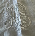 Antique Linen Tablecloth 75” x 104” Monogram AFE Drawn Work Water Lily Damask