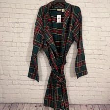 L.L. Bean Robe Mens Large Green Scotch Plaid Flannel Cotton Belted Sleepwear NEW