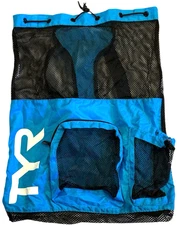 TYR Swim Gear Big Bag Backpack Mesh Mummy Drawcord Adjustable Aqua Black Pockets