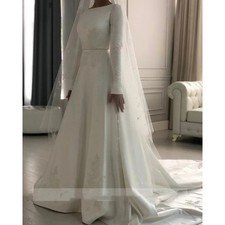 Muslim Satin A-Line Wedding Dresses Embroidery Lace Applique Long Sleeve Gowns