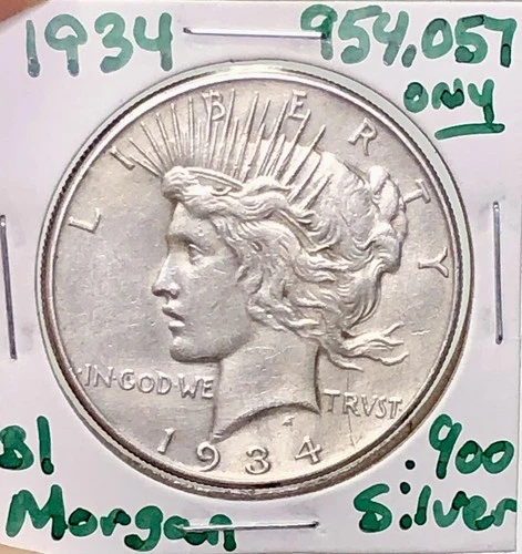 1934-P Peace Dollar US Silver Coin - Key Date - Only 954,057 - XF AU Nice Strike