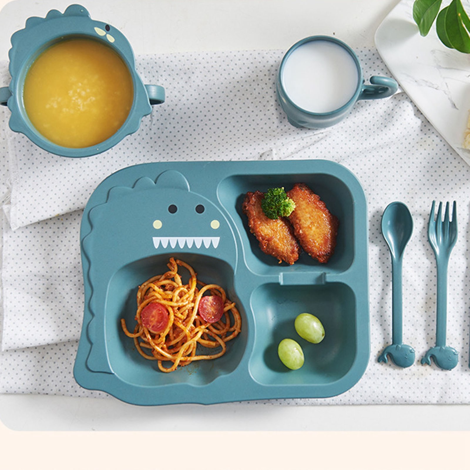 Cartoon Dinosaur Baby Divided Plate Set With Spoon Fork For Toddler Eating New