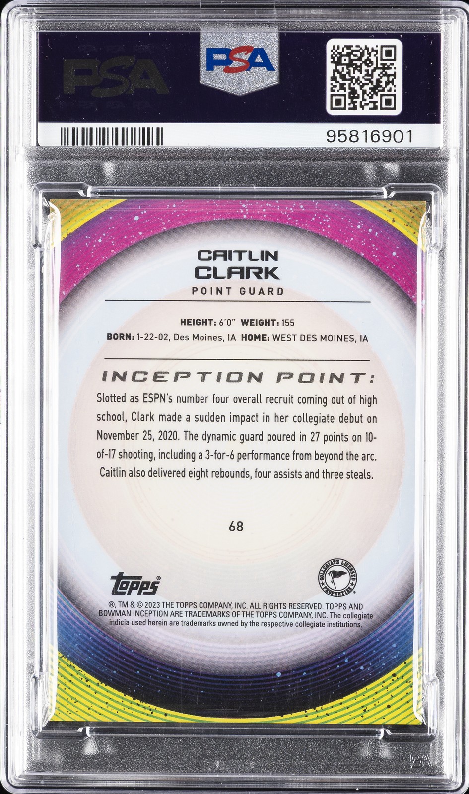 2022 BOWMAN UNIVERSITY INCEPTION #68 CAITLIN CLARK PSA 10 view 2