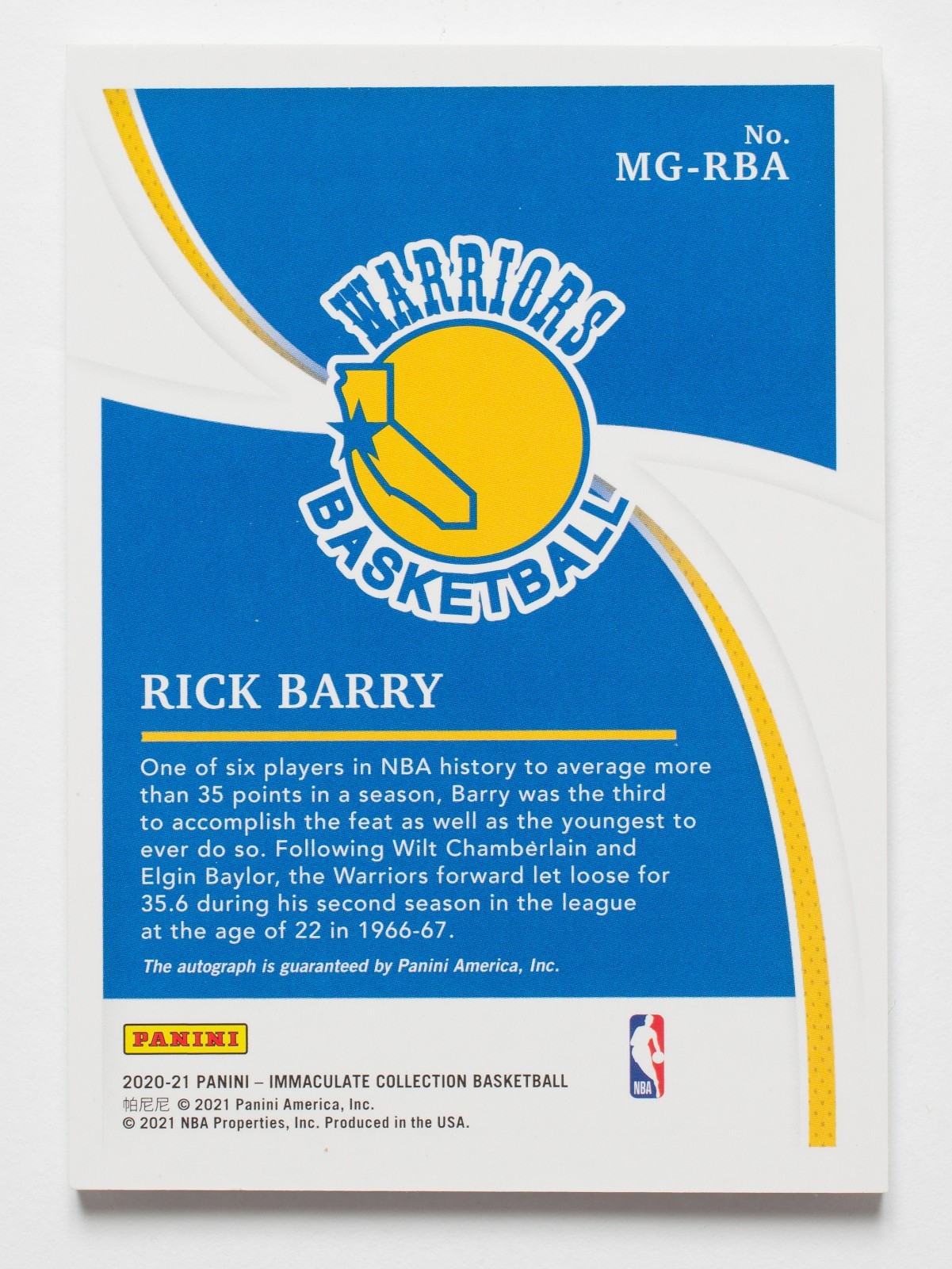 Rick Barry 2020-21 Panini Immaculate Marks of Greatness Auto /25 Warriors HOF view 2