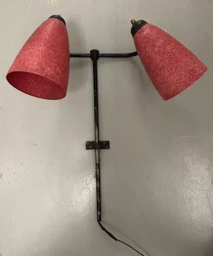 Rare MCM Lamp/sconce ~2 Fiberglass Cone Shades, Steel, Greta Magnusson Style - Picture 3 of 9