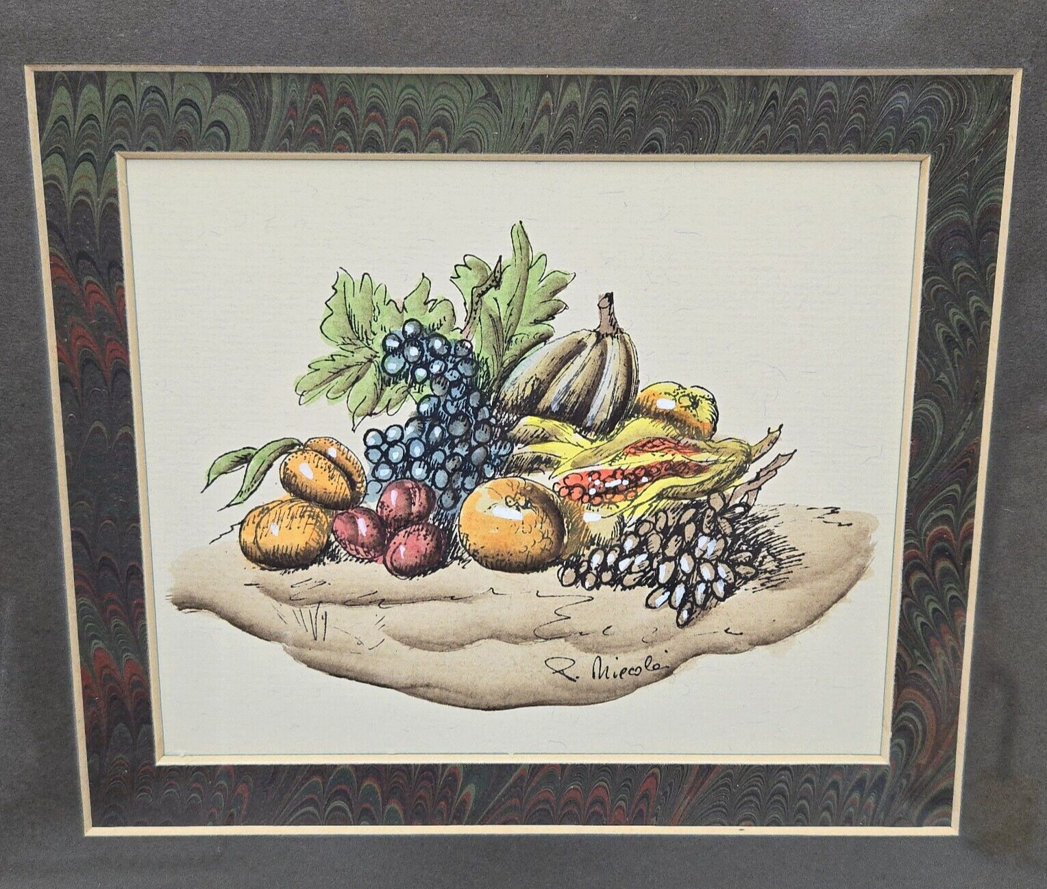Vintage Fruit Still Life Painting Framed Signed Italian Artist 11.25" x 12.25"