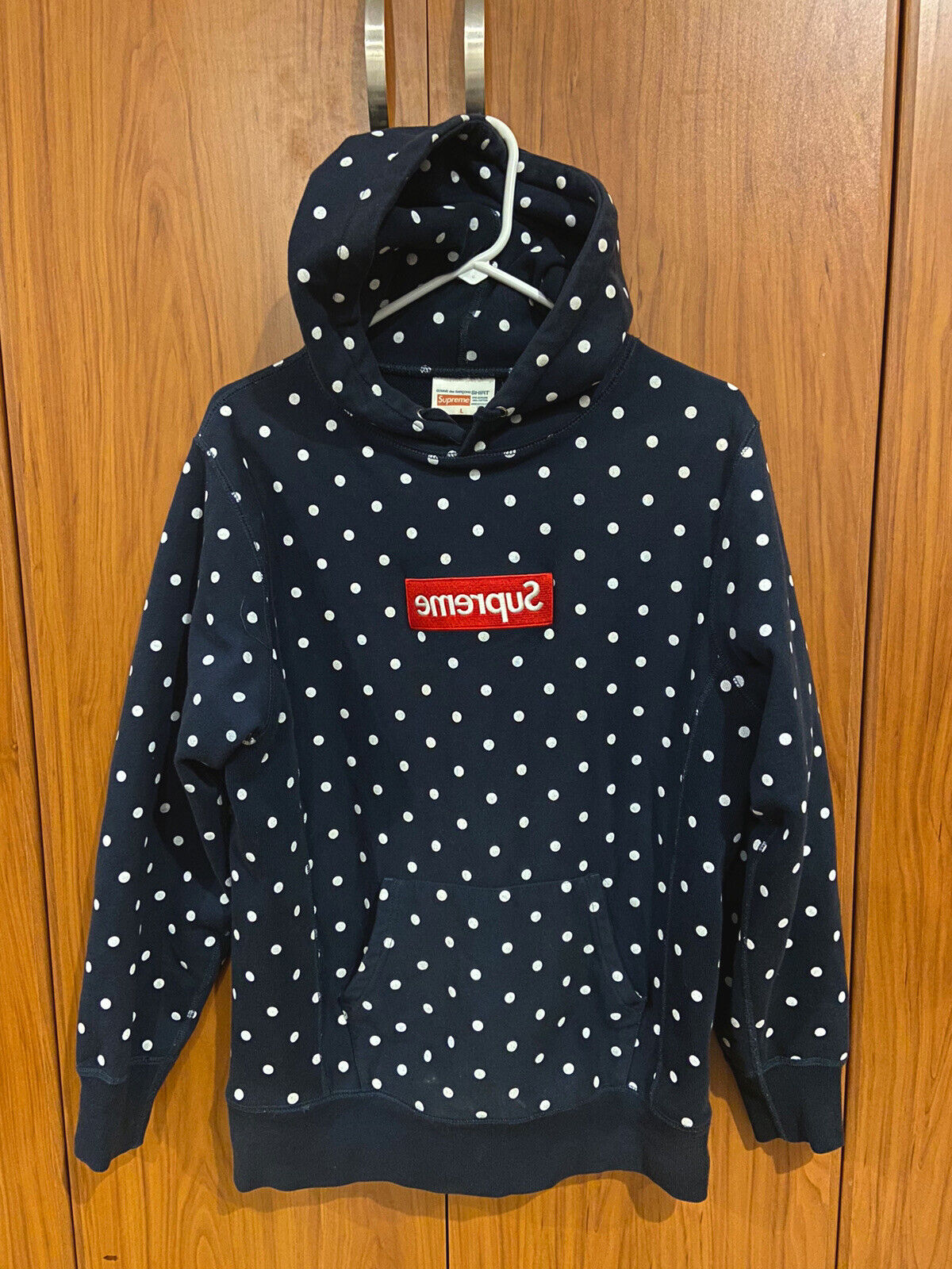 2012 Supreme X Comme Des Garcons CDG Polka Dot Box Logo Hoodie Navy Blue Size L