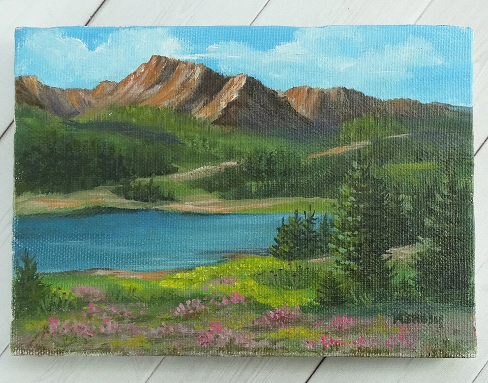 Vintage Miniature Signed Oil Painting Western Landscape O/C Mountains Lake Trees - Image 2 of 4