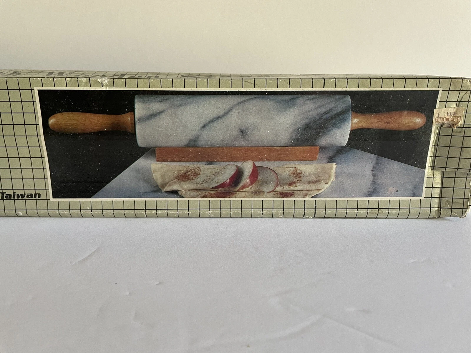 vintage White Marble Rolling Pin With Wood Handles and Holder NIB