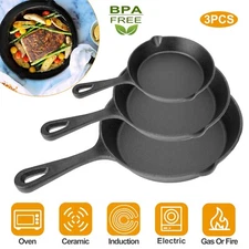 3pcs 6"/8"/10" Kitchen Frying Pan Pre Seasoned Cast Iron Skillet Frying Pan Set