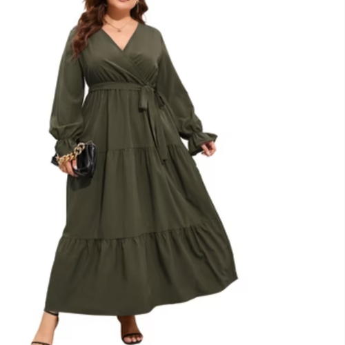 Fashion Women's Plus Size V-Neck Long Sleeve Maxi Dress High-Waist Size 5XL