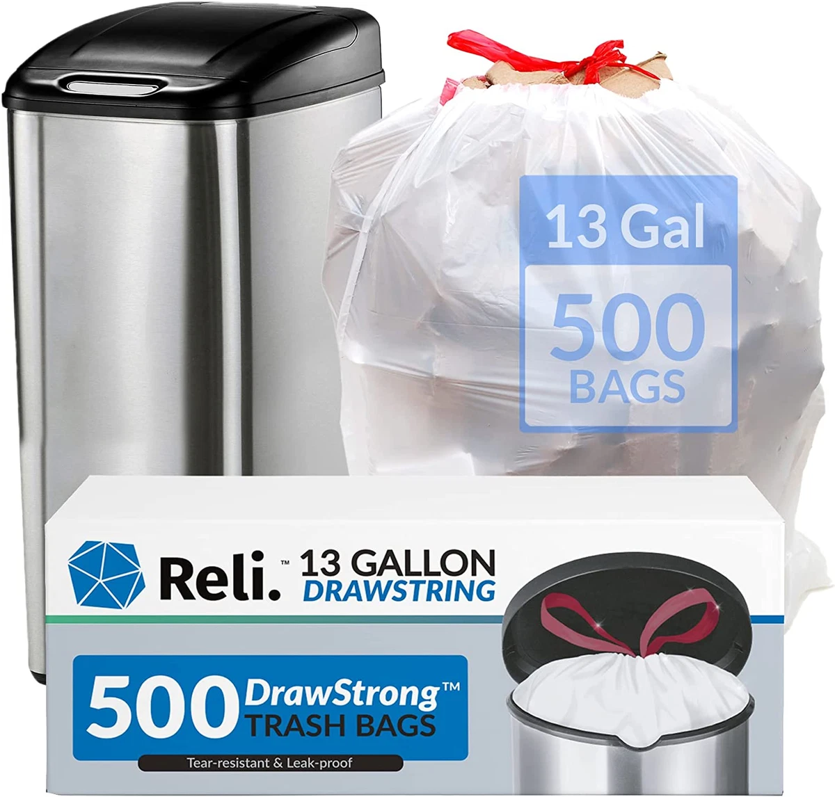 Tall Kitchen Drawstring Trash Bags 13 Gallon, 500 Count Bulk, Kitchen