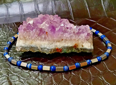6 mm Men's Lapis & Silver Rectangle Necklace 20''   Sterling Silver Lobster Clasp