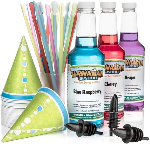 Hawaiian Shaved Ice 3 Flavor Fun Pack Snow Cone Syrup Kit Features 25 Cone Cup