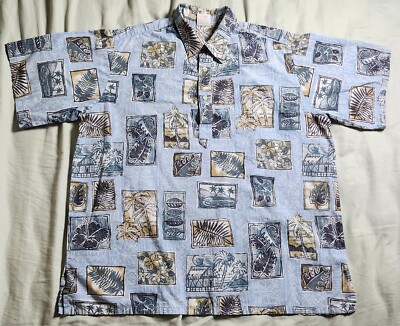 Go Barefoot Shirt Size XL Blue Collage Design Button Up Hawaiian Made in USA