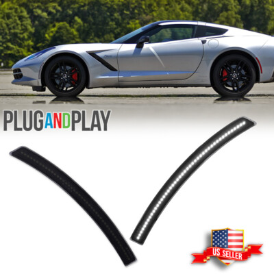 For 14-19 Chevy Corvette C7 Smoke Lens Front Bumper White LED Side Marker Lights