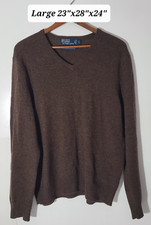 Polo Ralph Lauren Brown 100 Lambswool Brown Knit V-Neck Sweater Size Large
