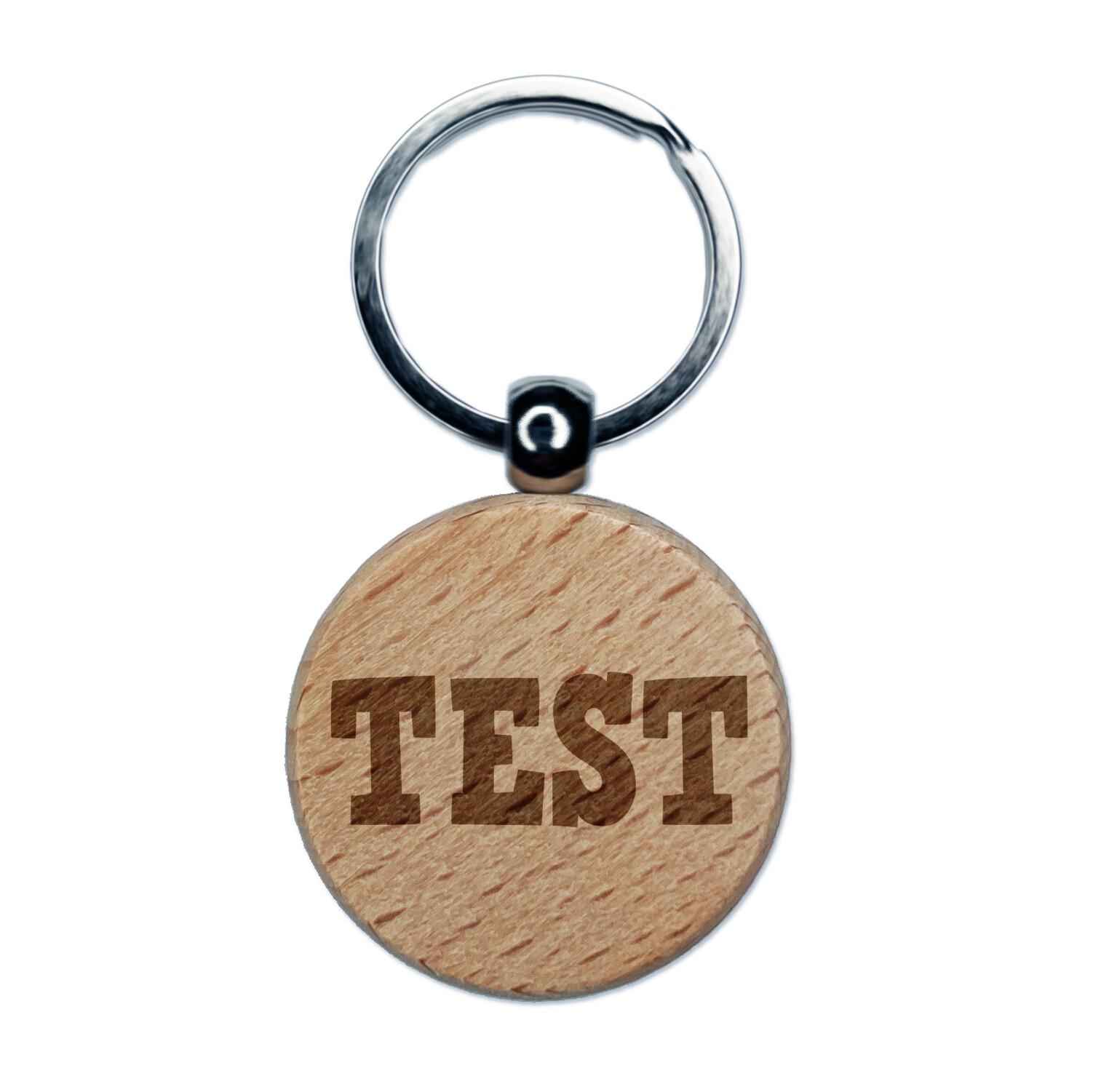 Test Fun Text Engraved Wood Round Keychain Tag Charm