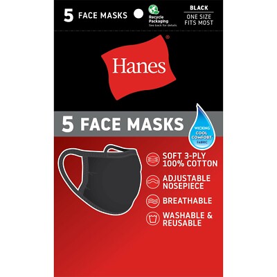 SOF5 Pack - Hanes Black 100% Cotton Face Mask Reusable / Washable Cover Facemask