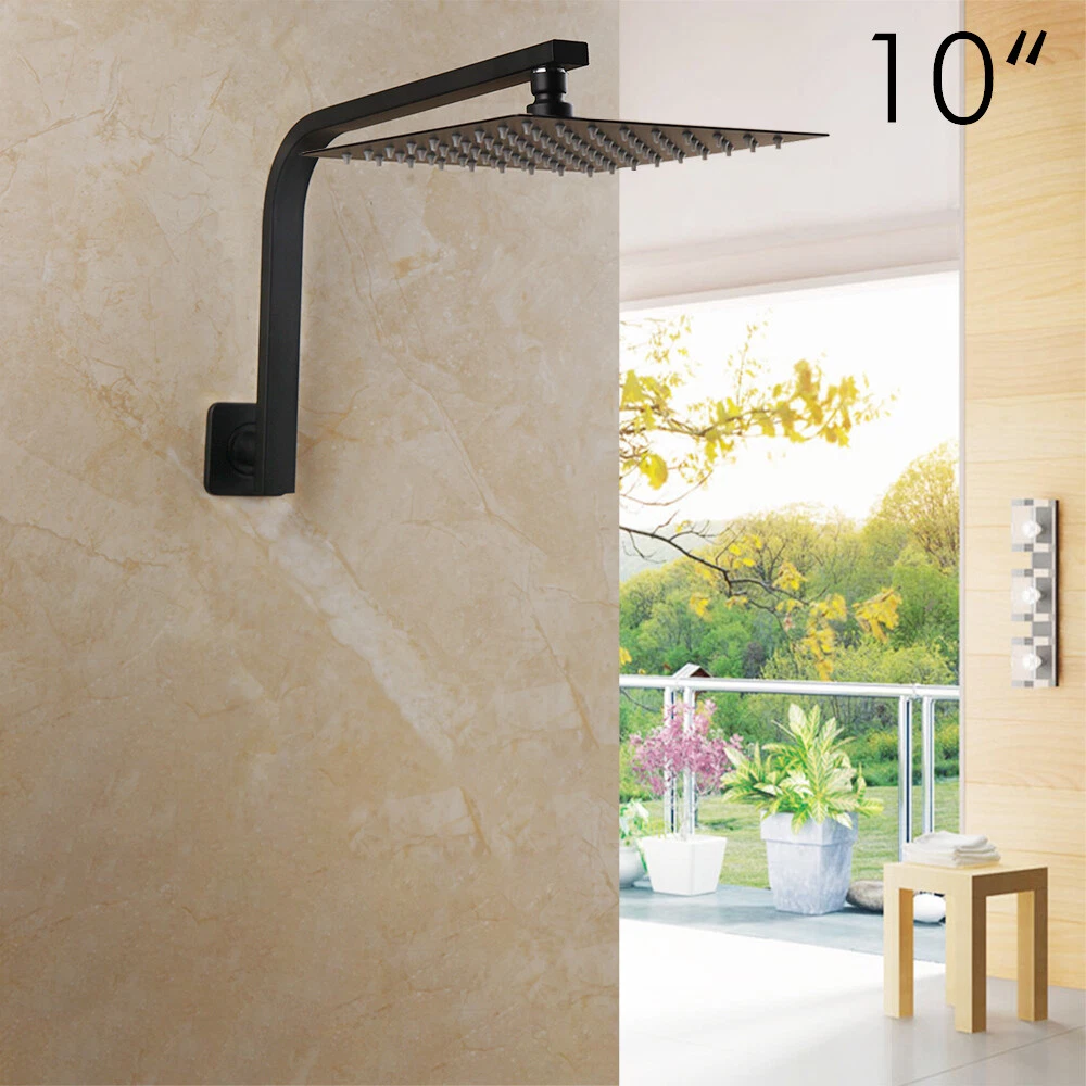 10" Black Square Bathroom Rain Square Shower Head Mixer Tap+Gooseneck Shower Arm