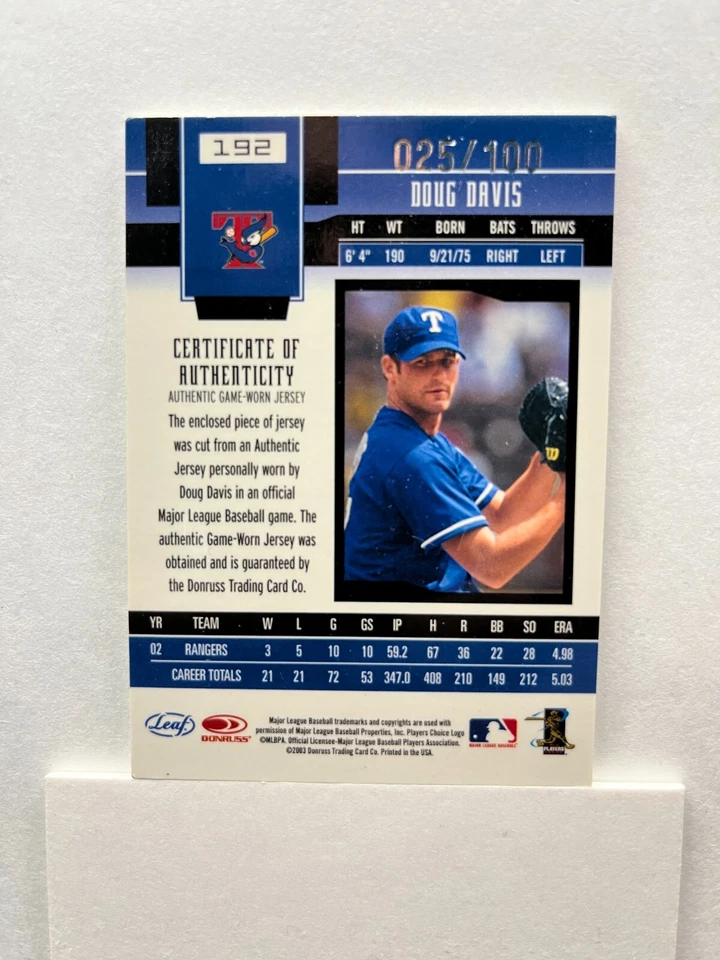 2003 Leaf Certified Materials Doug Davis #192 Mirror Blue Materials /100 MEM A8 - Imagem 2 de 2