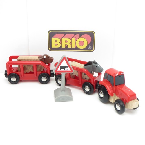 Farm Tractor & Trailers w/ Horse & Cow BRIO World Wooden Railway