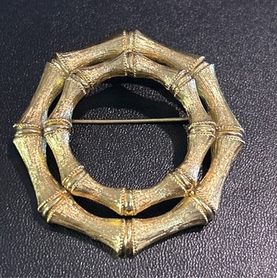Vintage Monet Bamboo Brooch, Bright Textured Goldtone, Asian Theme