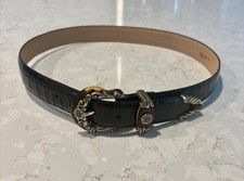 Brighton Black Croc Embossed Leather Belt Silver Tone Decorative Buckle Women L
