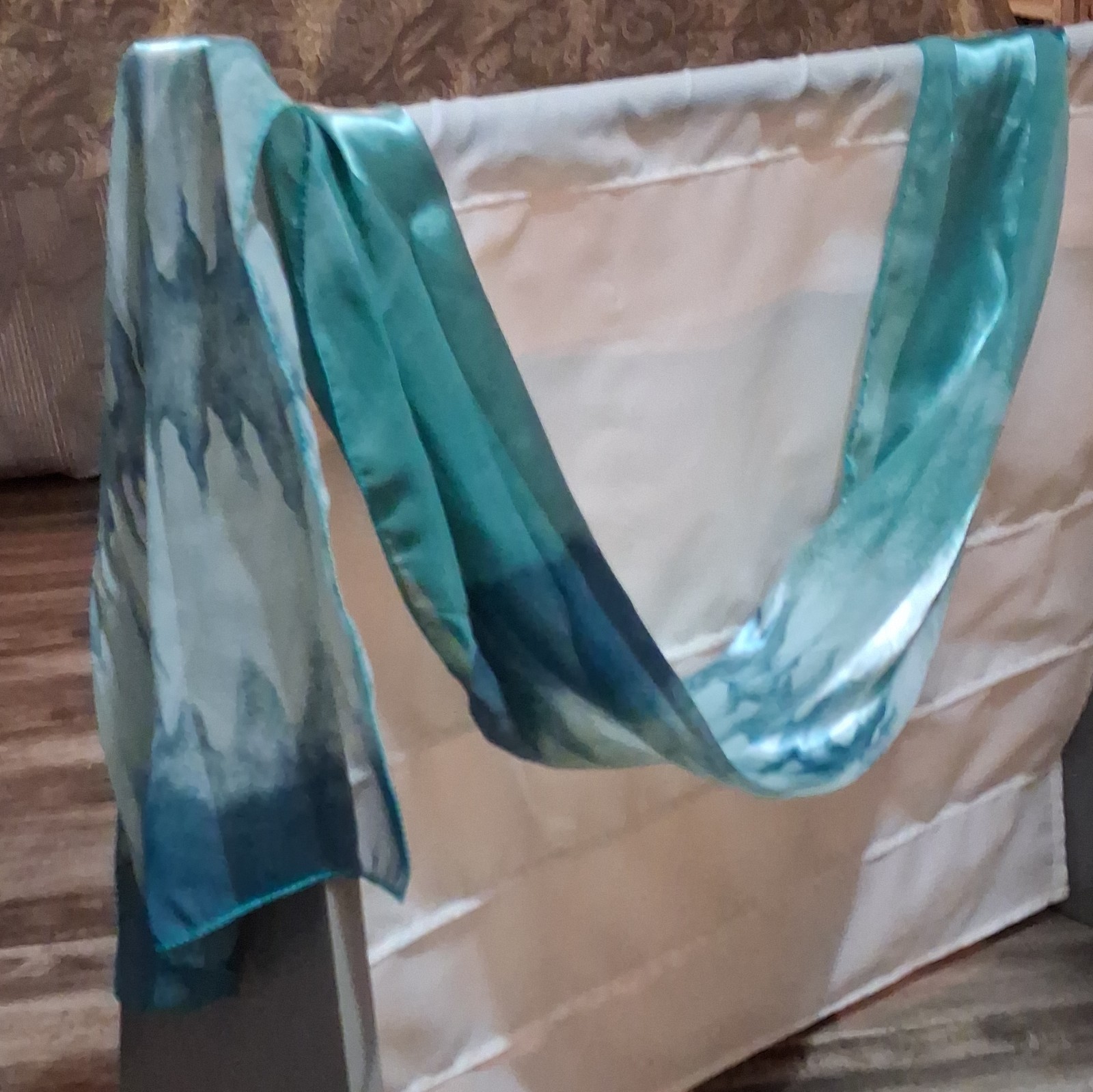 Women’s Abstract Print Satin Silk Rectangle Scarf Shiny Blue White
