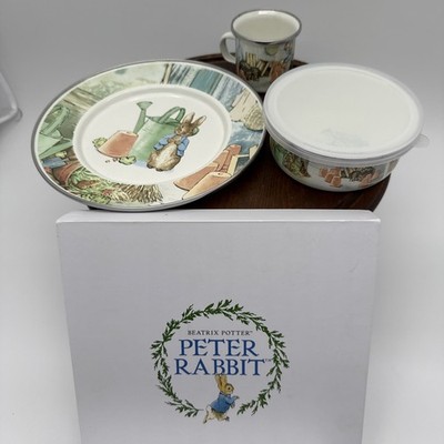 NEW Beatrix Potter PETER RABBIT White Ceramic Soup Bowl w Lid Plate And Cup Box