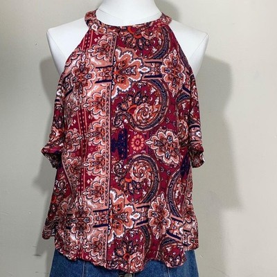 Elodie Cold Shoulder Blouse Women S Red Paisley Boho Halter Top EA8180-CS