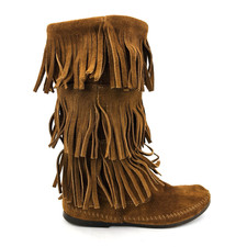 Womens 8 M Minnetonka 3 Layer Fringe Tall Boot Brown Suede Leather Moccasin 1638