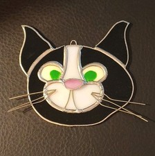 Vintage Stained Glass Suncatcher Black Cat Kitten Leaded Art Window Hanging