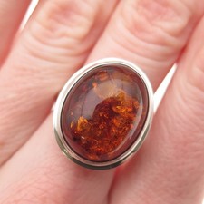 925 Sterling Silver Vintage Real Amber Modernist Ring Size 7.5