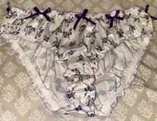 Glossy Purple Floral White Satin Crinkle Edge Bow Trimmed Bikini Panties XL NEW