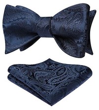 Men's Bow Ties Self Tie Woven Satin Pocket Squares Set Formal Navy Blue 2
