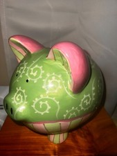 Piggy Bank Large Hand Painted Ceramic Pig Pink/Green Pastel Colors with Stopper