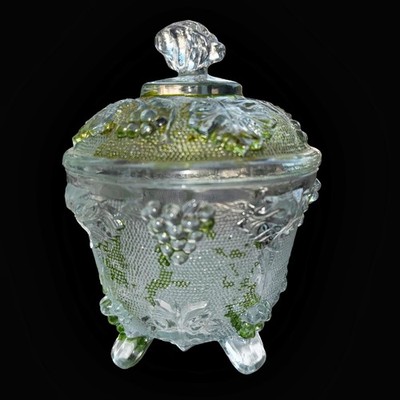 Vintage Pressed Glass Bowl With Lid Grape Leaf Pattern Cold Painted Green Faded