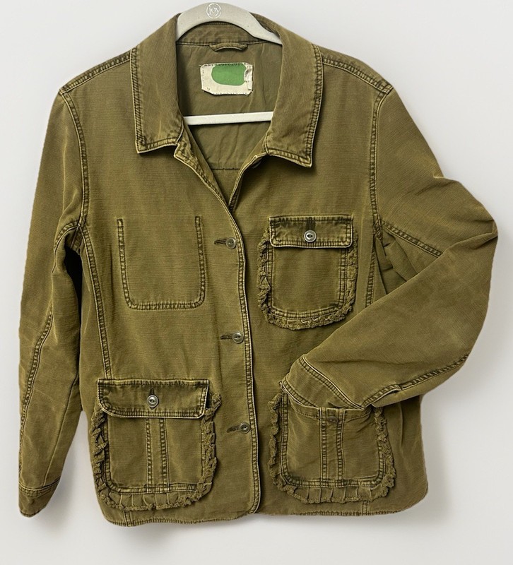 Anthropologie Sz. XL Green Utility Ruffled Casual Blazer Layering Jacket Buttons